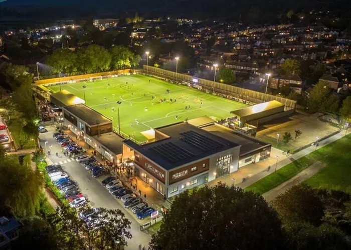 Framed Print : Dorking, Surrey, UK- October 2023: Aerial view of Dorking Wanderers Football Club Framed Print : Dorking, Surrey, UK- October 2023: Aerial view of Dorking Wanderers Football Club