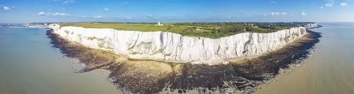 Framed Print : Dover, England, United Kingdom - May 27, 2021: Aerial panoramic view to White Cliffs of Dover Framed Print : Dover, England, United Kingdom - May 27, 2021: Aerial panoramic view to White Cliffs of Dover