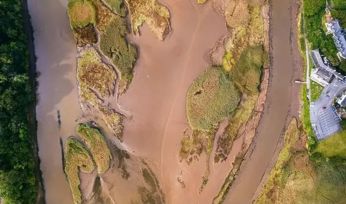 Framed Print : Top Downe view of Tidal Creek at River Teign from a drone, Newton Abbot, Devon, England Framed Print : Top Downe view of Tidal Creek at River Teign from a drone, Newton Abbot, Devon, England