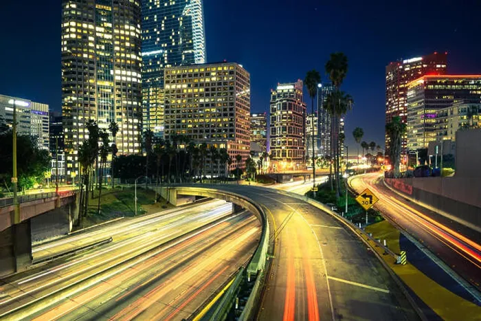 Framed Print : Downtown Los Angeles at night with car traffic light trails Framed Print : Downtown Los Angeles at night with car traffic light trails