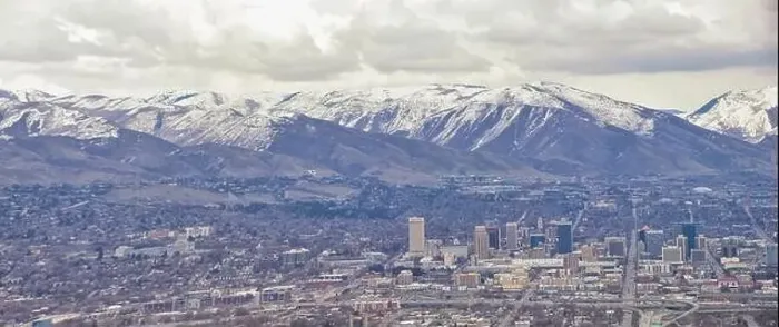 Framed Print : Downtown Salt Lake City Panoramic view of Wasatch Front Rocky Mountains from airplane in early spring winter with Framed Print : Downtown Salt Lake City Panoramic view of Wasatch Front Rocky Mountains from airplane in early spring winter with