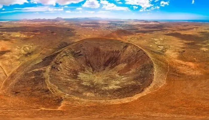 Framed Print : Dramatic aerial panoramic view of volcan Calderon Hondo Fuerteventura Framed Print : Dramatic aerial panoramic view of volcan Calderon Hondo Fuerteventura