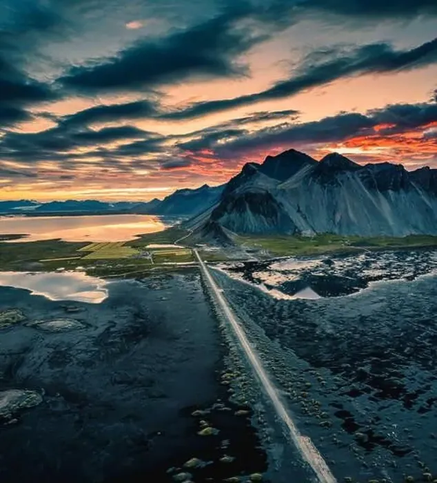 Framed Print : Dramatic aerial view of sunset sky over Vestrahorn mountain Framed Print : Dramatic aerial view of sunset sky over Vestrahorn mountain