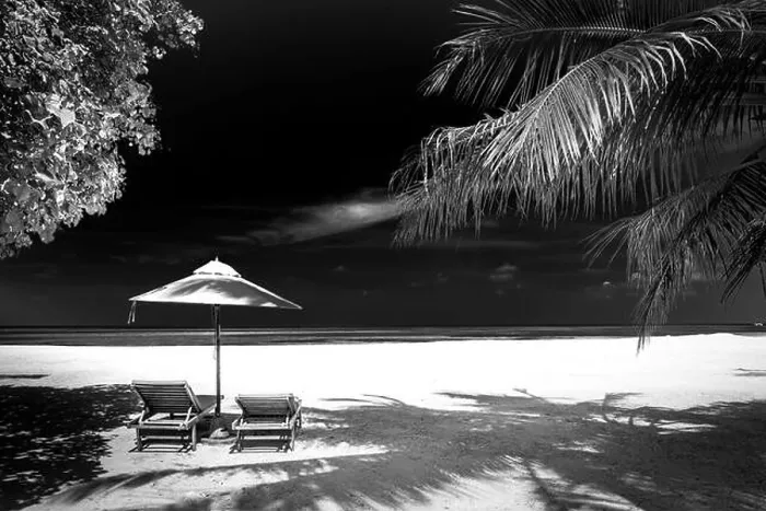 Framed Print : Dramatic landscape of paradise tropical island beach with perfect sunny sky, artistic black and white process Framed Print : Dramatic landscape of paradise tropical island beach with perfect sunny sky, artistic black and white process