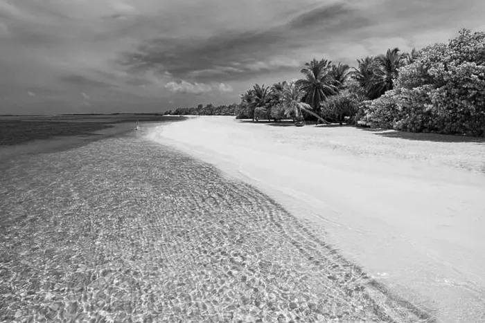 Framed Print : Dramatic landscape of paradise tropical island beach with perfect sunny sky, artistic black and white process Framed Print : Dramatic landscape of paradise tropical island beach with perfect sunny sky, artistic black and white process