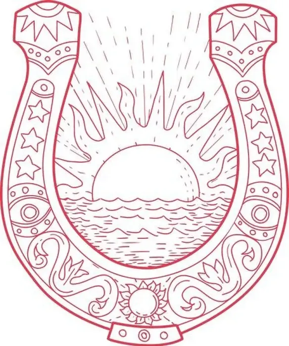 Framed Print : Drawing sketch style illustration of a Good Luck Horseshoe framing a rising Sun Framed Print : Drawing sketch style illustration of a Good Luck Horseshoe framing a rising Sun
