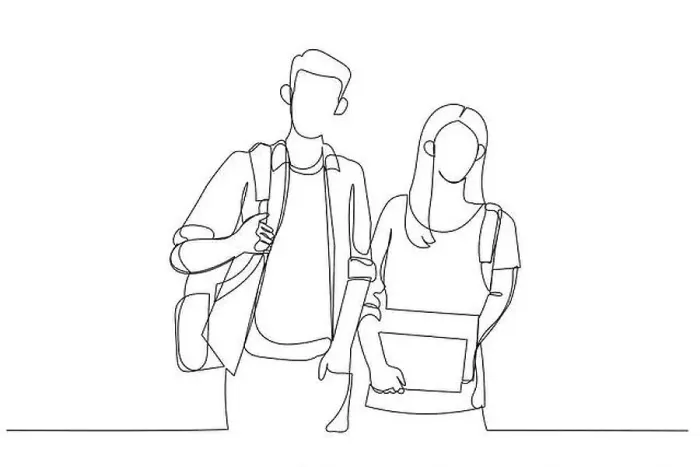 Framed Print : Drawing of two students on campus standing side to side looking straight ahead. Single continuous line art style Framed Print : Drawing of two students on campus standing side to side looking straight ahead. Single continuous line art style