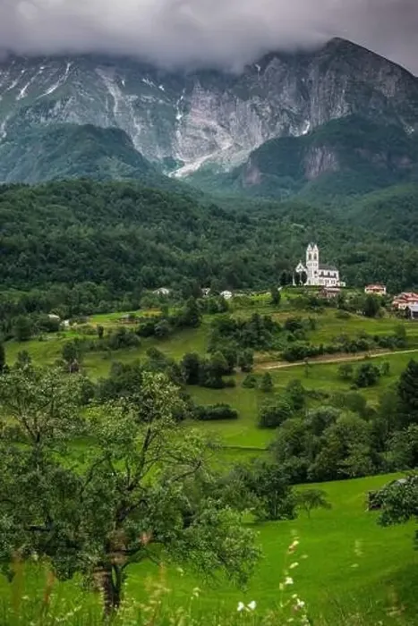 Framed Print : Drežnica village near Kobarid, under Mount Krn Slovenia. Picturesque rural green landscape Framed Print : Drežnica village near Kobarid, under Mount Krn Slovenia. Picturesque rural green landscape