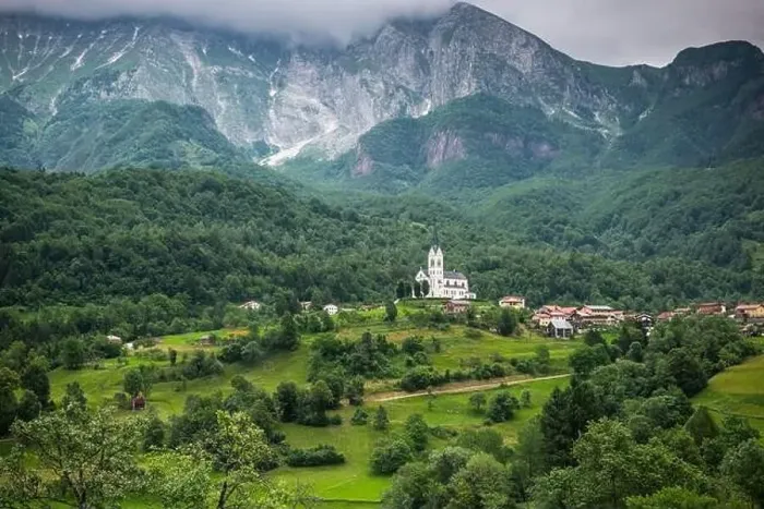 Framed Print : Drežnica village near Kobarid, under Mount Krn Slovenia. Picturesque rural green landscape Framed Print : Drežnica village near Kobarid, under Mount Krn Slovenia. Picturesque rural green landscape