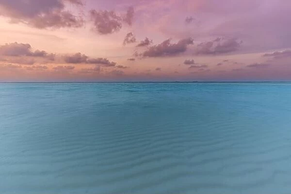 Dream sunset calm sea shore. Seaside of tropical beach landscape, exotic ocean horizon, relax inspirational, motivational nature scenic with colorful