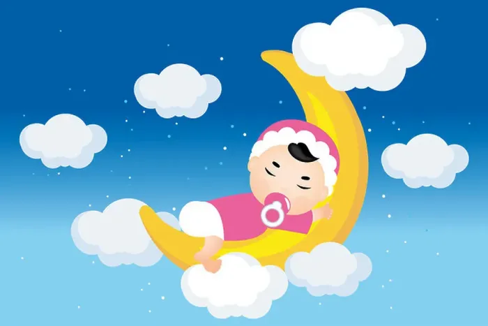 Framed Print : Dreaming baby on the moon with stars, clouds on nightly sky - Illustration Framed Print : Dreaming baby on the moon with stars, clouds on nightly sky - Illustration