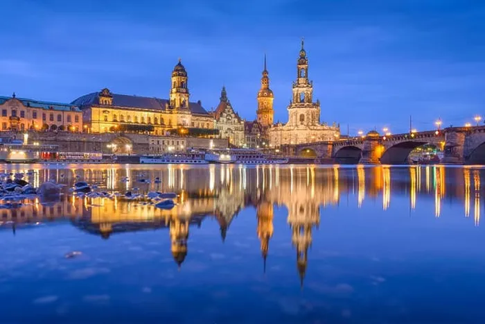 Framed Print : Dresden, Germany classical cathedrals and spires on The Elbe River at night Framed Print : Dresden, Germany classical cathedrals and spires on The Elbe River at night