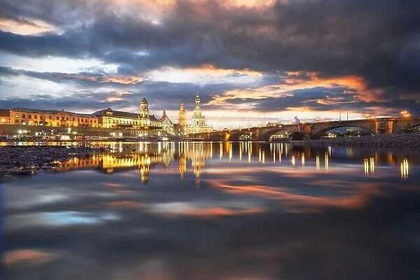 Dresden, Germany on the Elbe River at dusk