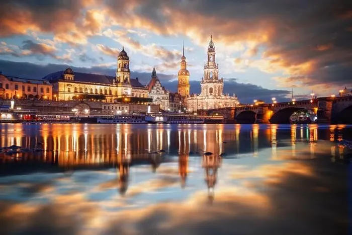 Framed Print : Dresden, Germany on the Elbe River at dusk Framed Print : Dresden, Germany on the Elbe River at dusk