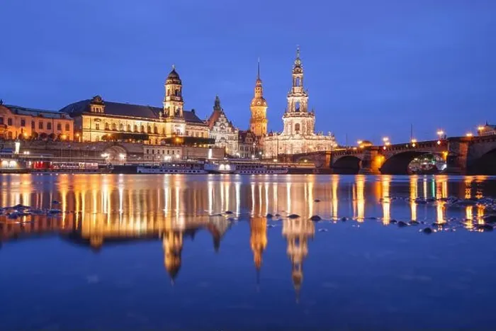 Framed Print : Dresden, Germany on the Elbe River at dusk Framed Print : Dresden, Germany on the Elbe River at dusk
