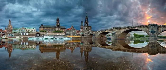Framed Print : Dresden, Germany. Panoramic cityscape image of Dresden, Germany with reflection of the city in the Elbe river, during dramatic sunset Framed Print : Dresden, Germany. Panoramic cityscape image of Dresden, Germany with reflection of the city in the Elbe river, during dramatic sunset