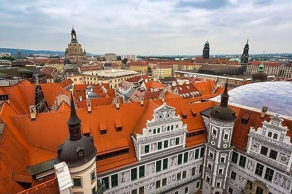 Dresden, Germany rooftops and cathedrals skyline