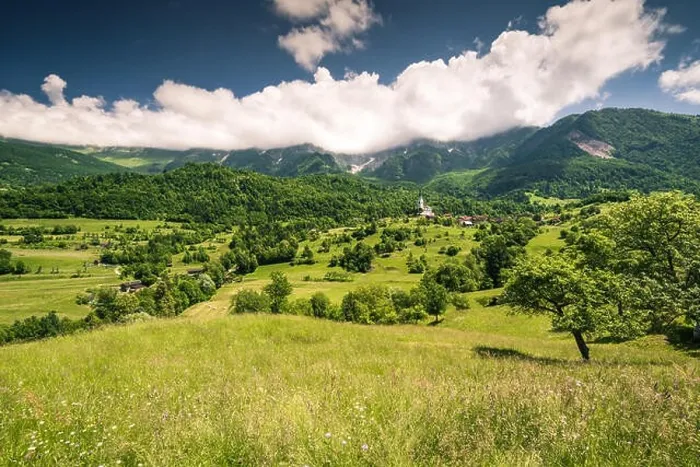Framed Print : Dreznica mountain village in Slovenia Alps Framed Print : Dreznica mountain village in Slovenia Alps