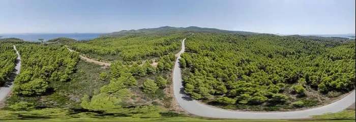Framed Print : Drone aerial 360 panorama of curved road and forest Framed Print : Drone aerial 360 panorama of curved road and forest
