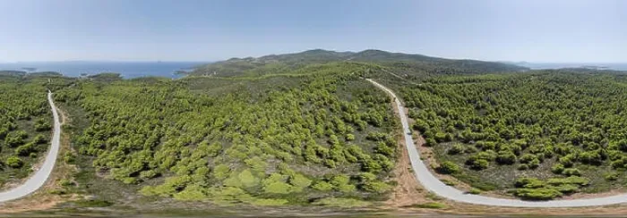 Framed Print : Drone aerial 360 panorama of curved road and forest Framed Print : Drone aerial 360 panorama of curved road and forest