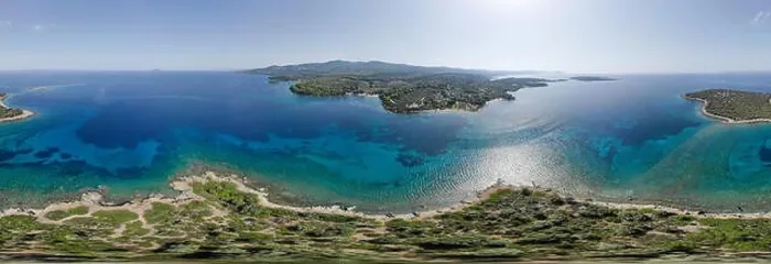 Framed Print : Drone aerial 360 panorama of island near sea shore Framed Print : Drone aerial 360 panorama of island near sea shore