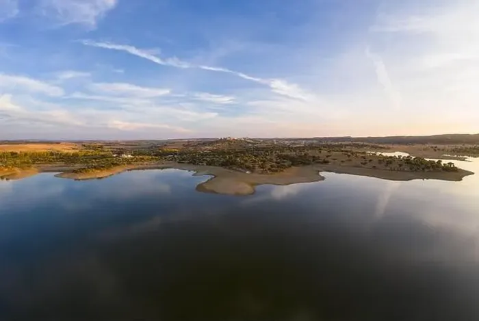 Framed Print : Drone aerial panorama of a dam lake reservoir landscape in Terena, Portugal Framed Print : Drone aerial panorama of a dam lake reservoir landscape in Terena, Portugal