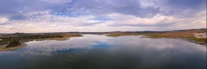 Framed Print : Drone aerial panorama of a dam lake reservoir landscape in Terena, Portugal