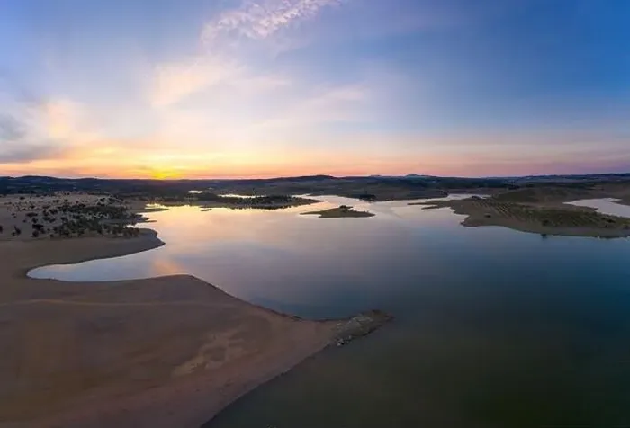 Framed Print : Drone aerial panorama of a dam lake reservoir at sunset in Terena, Portugal Framed Print : Drone aerial panorama of a dam lake reservoir at sunset in Terena, Portugal