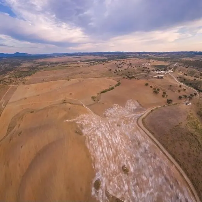 Framed Print : Drone aerial panorama of a desert like hill landscape with marble stones dust at sunset in Terena, Portugal Framed Print : Drone aerial panorama of a desert like hill landscape with marble stones dust at sunset in Terena, Portugal