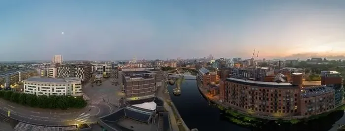 Framed Print : A drone aerial panorama showing the Leeds docks and surrounding area including the royal armories Framed Print : A drone aerial panorama showing the Leeds docks and surrounding area including the royal armories