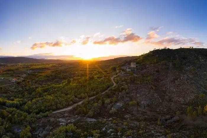 Framed Print : Drone aerial panorama of Termas Radium Hotel Serra da Pena at sunset in Sortelha, Portugal Framed Print : Drone aerial panorama of Termas Radium Hotel Serra da Pena at sunset in Sortelha, Portugal