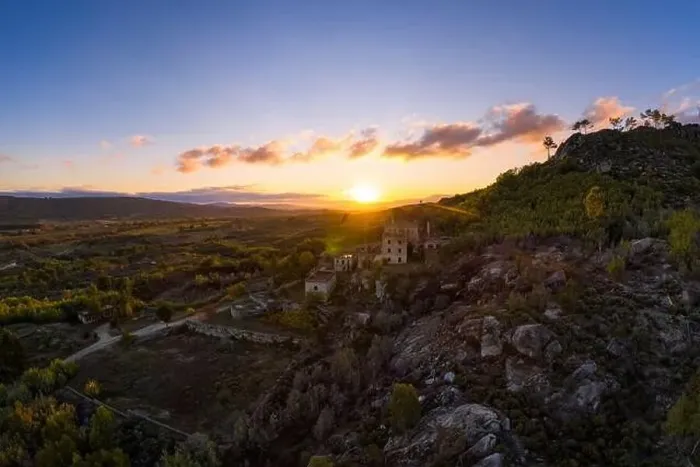 Framed Print : Drone aerial panorama of Termas Radium Hotel Serra da Pena at sunset in Sortelha, Portugal Framed Print : Drone aerial panorama of Termas Radium Hotel Serra da Pena at sunset in Sortelha, Portugal