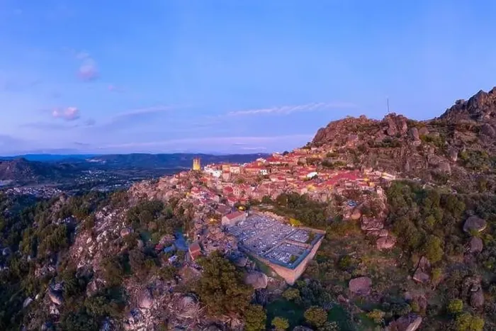 Framed Print : Drone aerial panorama view of Monsanto historic village at sunset, in Portugal