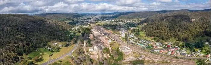 Framed Print : Drone aerial panoramic photograph of the Lithgow Train maintenance facility in the Central Tablelands in the Blue Framed Print : Drone aerial panoramic photograph of the Lithgow Train maintenance facility in the Central Tablelands in the Blue