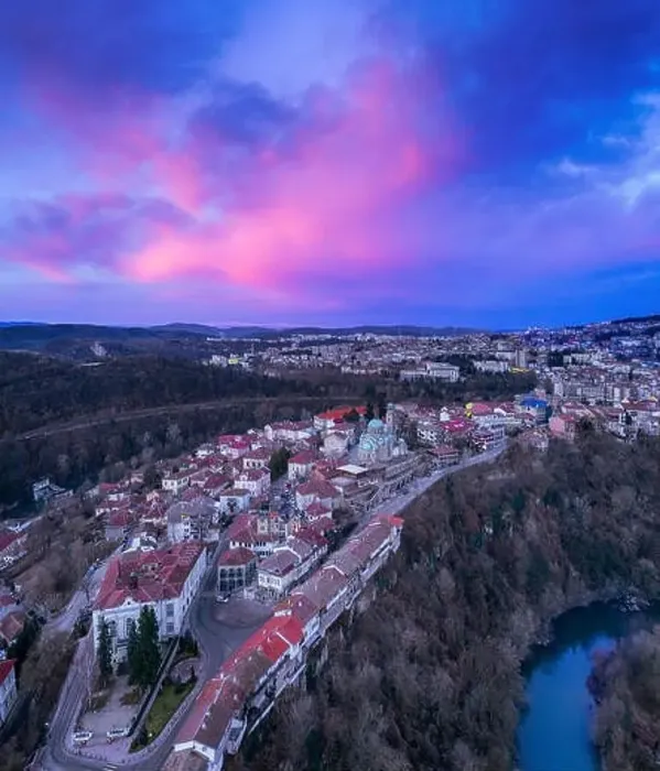 Framed Print : Drone aerial sunrise view on Veliko Tarnovo. Cityscape from hill Tsarevets. - Image Framed Print : Drone aerial sunrise view on Veliko Tarnovo. Cityscape from hill Tsarevets. - Image