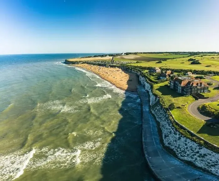 Framed Print : Drone aerial view of the beach and white cliffs, Margate, England, UK Framed Print : Drone aerial view of the beach and white cliffs, Margate, England, UK