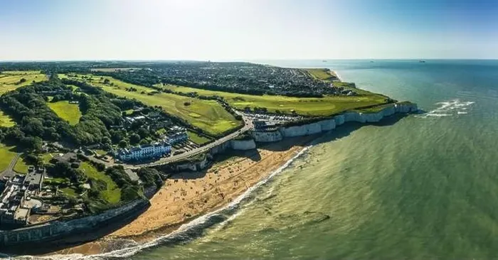 Framed Print : Drone aerial view of the beach and white cliffs, Margate, England, UK Framed Print : Drone aerial view of the beach and white cliffs, Margate, England, UK