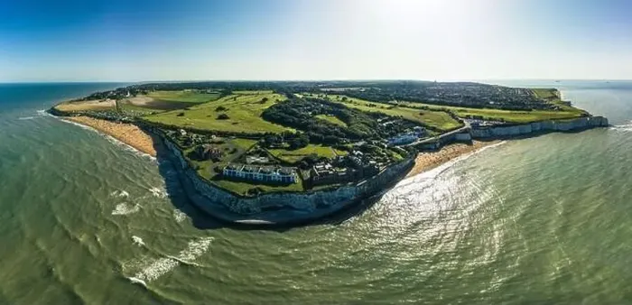 Framed Print : Drone aerial view of the beach and white cliffs, Margate, England, UK Framed Print : Drone aerial view of the beach and white cliffs, Margate, England, UK