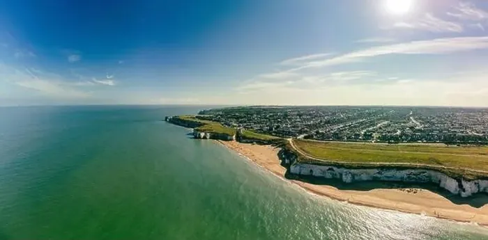 Framed Print : Drone aerial view of the beach and white cliffs, Botany Bay, England, UK Framed Print : Drone aerial view of the beach and white cliffs, Botany Bay, England, UK