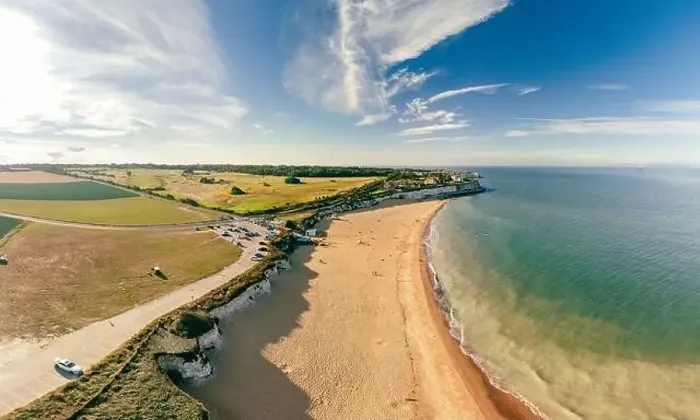 Framed Print : Drone aerial view of the beach and white cliffs, Botany Bay, England, UK Framed Print : Drone aerial view of the beach and white cliffs, Botany Bay, England, UK