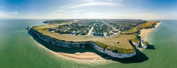 Framed Print : Drone aerial view of the beach and white cliffs, Botany Bay, England, UK Framed Print : Drone aerial view of the beach and white cliffs, Botany Bay, England, UK