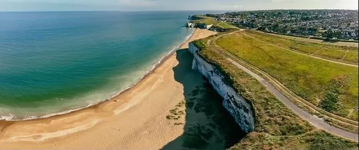 Framed Print : Drone aerial view of the beach and white cliffs, Botany Bay, England, UK Framed Print : Drone aerial view of the beach and white cliffs, Botany Bay, England, UK