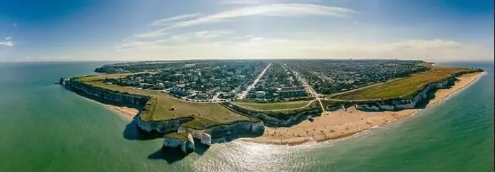 Framed Print : Drone aerial view of the beach and white cliffs, Botany Bay, England, UK Framed Print : Drone aerial view of the beach and white cliffs, Botany Bay, England, UK