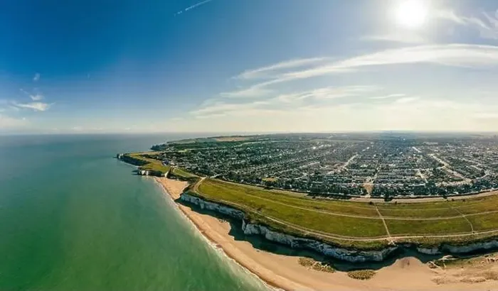 Framed Print : Drone aerial view of the beach and white cliffs, Botany Bay, England, UK Framed Print : Drone aerial view of the beach and white cliffs, Botany Bay, England, UK