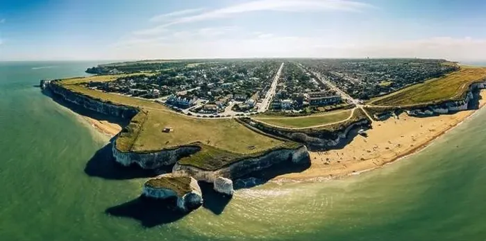 Framed Print : Drone aerial view of the beach and white cliffs, Botany Bay, England, UK