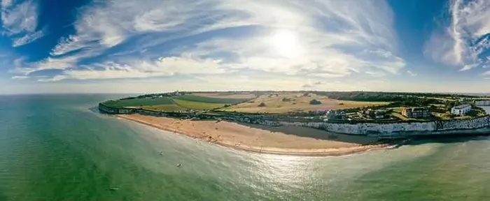 Framed Print : Drone aerial view of the beach and white cliffs, Botany Bay, England, UK Framed Print : Drone aerial view of the beach and white cliffs, Botany Bay, England, UK