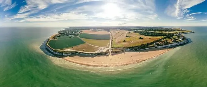 Framed Print : Drone aerial view of the beach and white cliffs, Botany Bay, England, UK Framed Print : Drone aerial view of the beach and white cliffs, Botany Bay, England, UK
