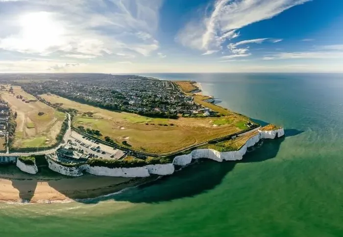 Framed Print : Drone aerial view of the beach and white cliffs, Botany Bay, England, UK Framed Print : Drone aerial view of the beach and white cliffs, Botany Bay, England, UK