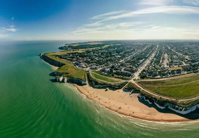 Framed Print : Drone aerial view of the beach and white cliffs, Botany Bay, England, UK Framed Print : Drone aerial view of the beach and white cliffs, Botany Bay, England, UK