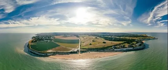 Framed Print : Drone aerial view of the beach and white cliffs, Botany Bay, England, UK Framed Print : Drone aerial view of the beach and white cliffs, Botany Bay, England, UK